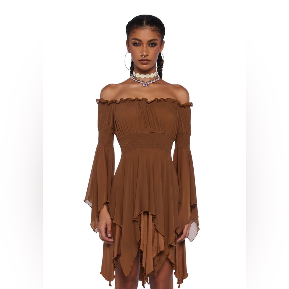 NWT Dolls Kill MUSICAL ODYSSEY MINI DRESS - BROWN CURRENT MOOD XS - Picture 5 of 15